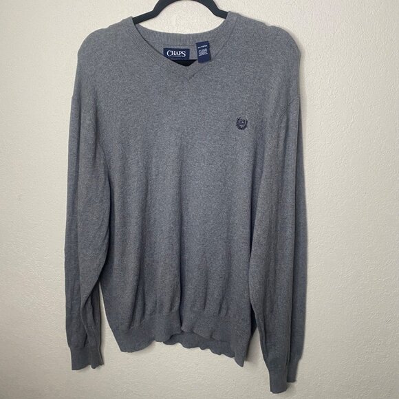 Chaps Cashmere Blend V-Neck Sweater Mens  XL Gray Long Sleeves Pullover Fall Win - Picture 1 of 8
